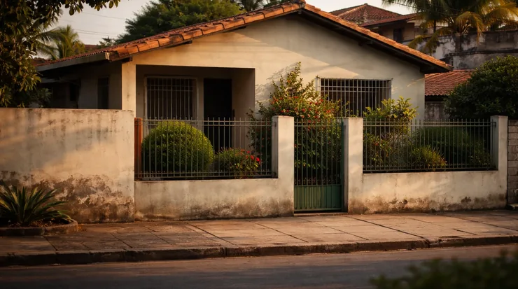 Casa térrea simples de alvenaria vista da calçada oposta, com muro baixo e portão de ferro, no fim da tarde