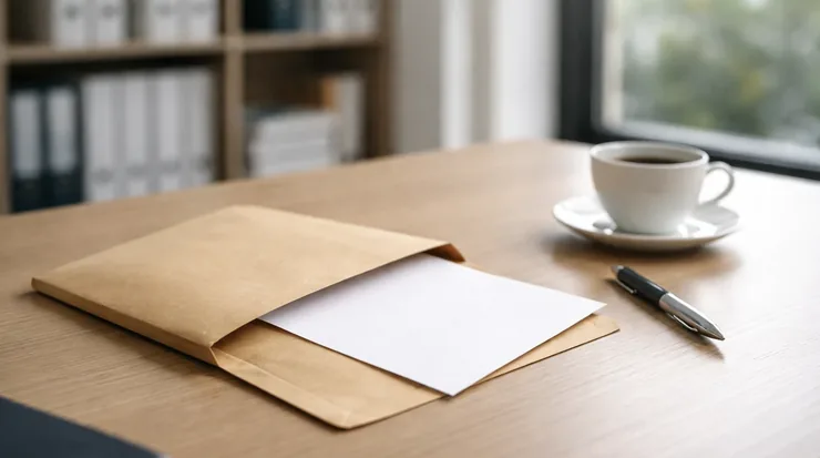 Envelope pardo aberto com uma folha em branco sobre a mesa de um escritório, ao lado de uma caneta e uma xícara de café