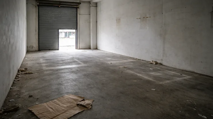 Interior vazio de um pequeno galpão comercial desocupado, com retângulos de poeira no piso de concreto marcando onde estavam as prateleiras e a porta de aço entreaberta ao fundo