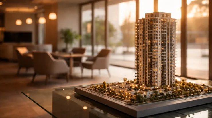Maquete de empreendimento imobiliário sobre mesa de vidro em stand de vendas vazio, luz de fim de tarde
