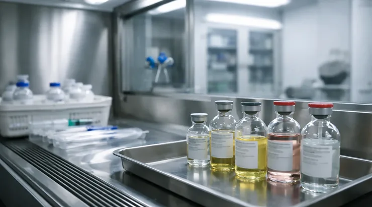 Farmácia hospitalar de manipulação oncológica: capela de fluxo laminar e frascos de medicamento intravenoso sobre a bancada, ilustrando a preparação de medicamentos como o Enhertu