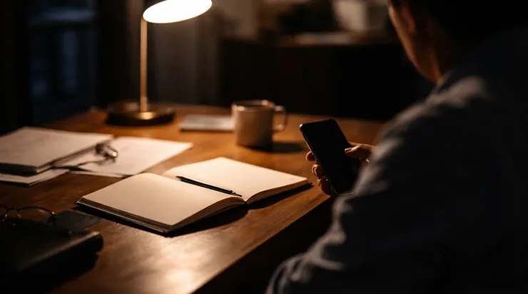 Pessoa sentada a uma mesa iluminada por abajur, à noite, segurando um celular com a tela apagada ao lado de um caderno de anotações