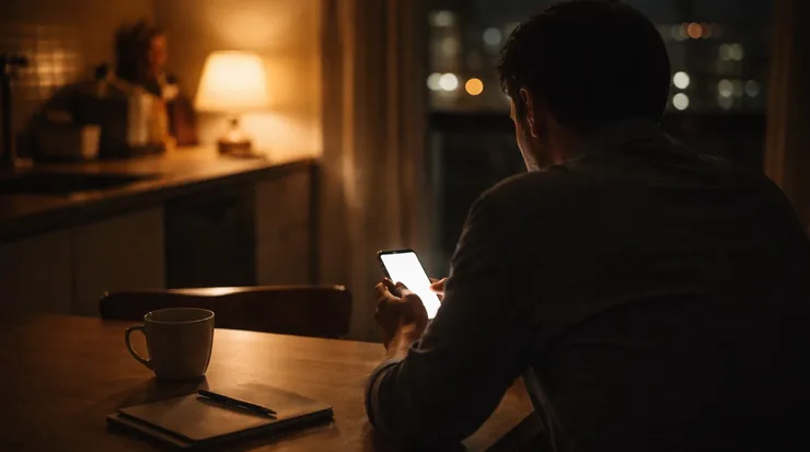 Pessoa de costas, sentada à mesa da cozinha à noite, segurando um celular com a tela acesa, ao lado de uma xícara e de um caderno fechado