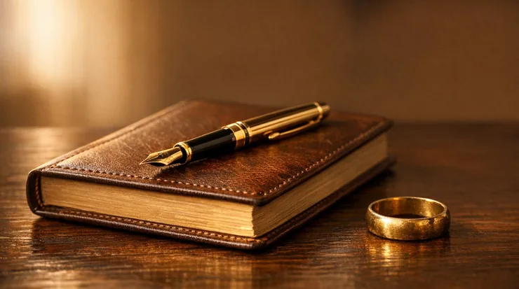 Caneta-tinteiro, livro fechado e aliança sobre mesa de madeira, simbolizando planejamento sucessório